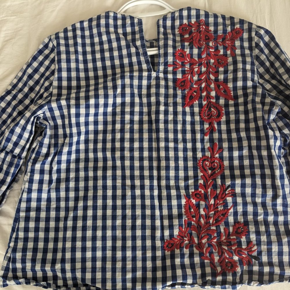 Zara Embroidered Cotton Floral Check Top Ruffle Sleeves Blue White Red Size S - Picture 4 of 5